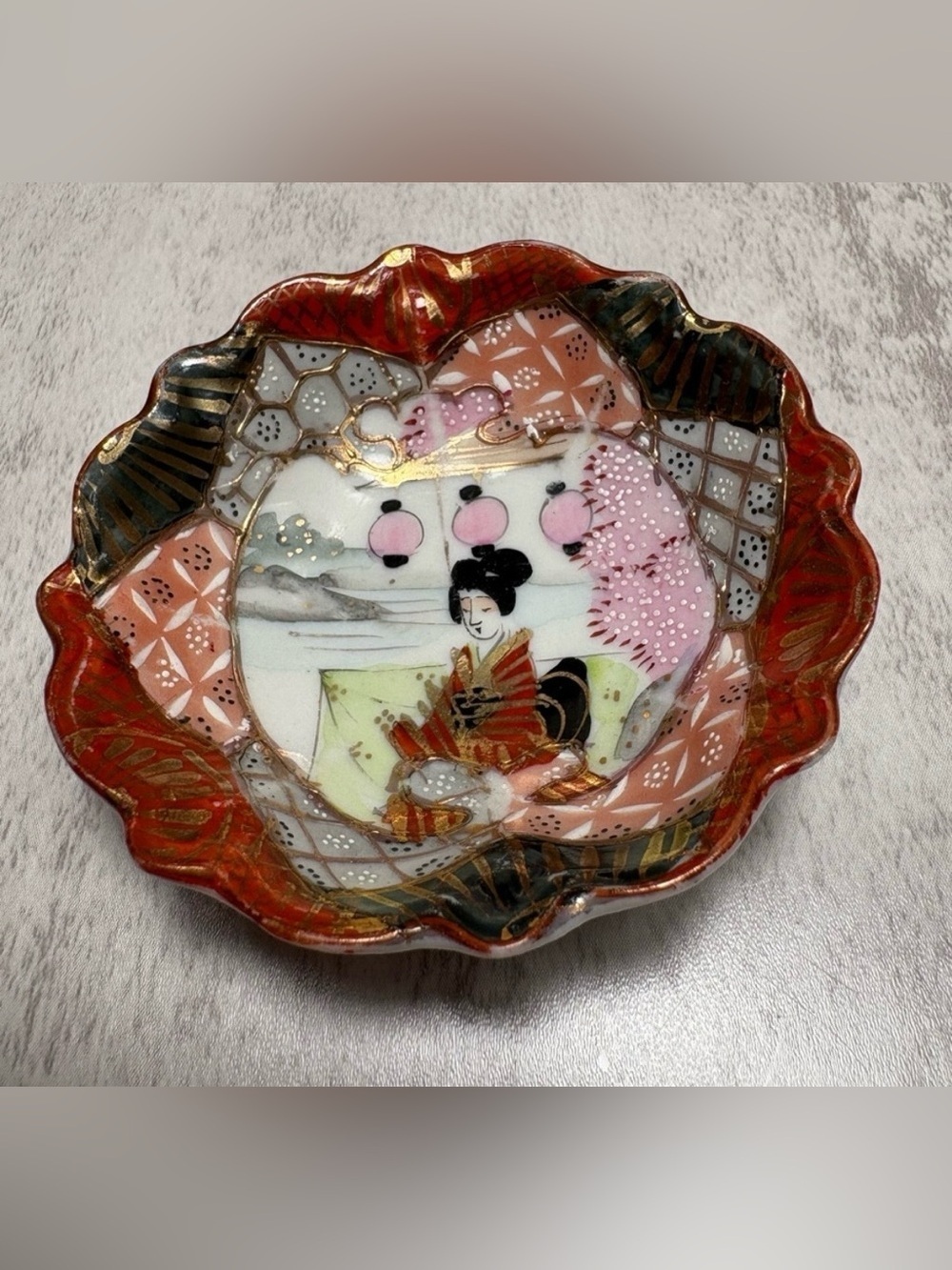 Vintage Japanese Porcelain Sauce Plate-Hand-painted Design with Gold Overlay